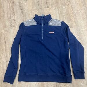 Vineyard Vines Navy Pullover with Striped Shoulder Detail